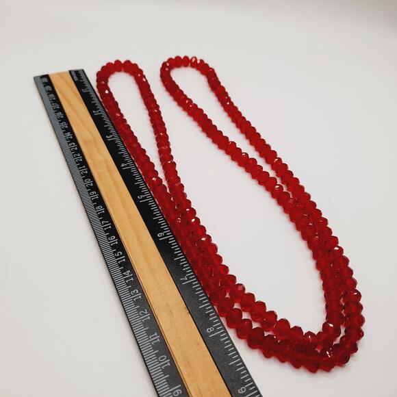 Red Faceted Crystal Bead Necklace, 36" Long Strand, No Clasp, Sparkling - Picture 7 of 8